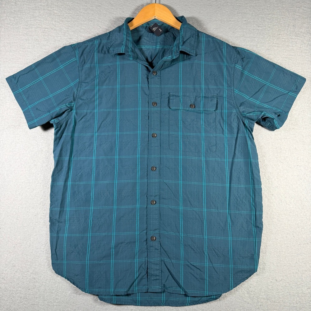 Mountain Hardwear Mens Teal Blue Plaid Short Sleeve‎ Hiking Shirt OM8788 Large